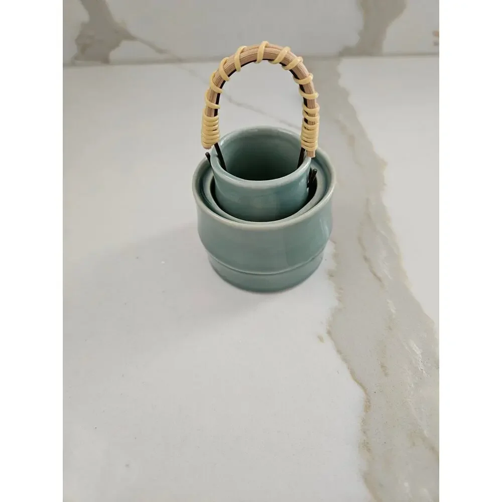 Vintage Celadon Green Glazed Ceramic Nesting Tea Sugar Pots Woven Rattan Handle